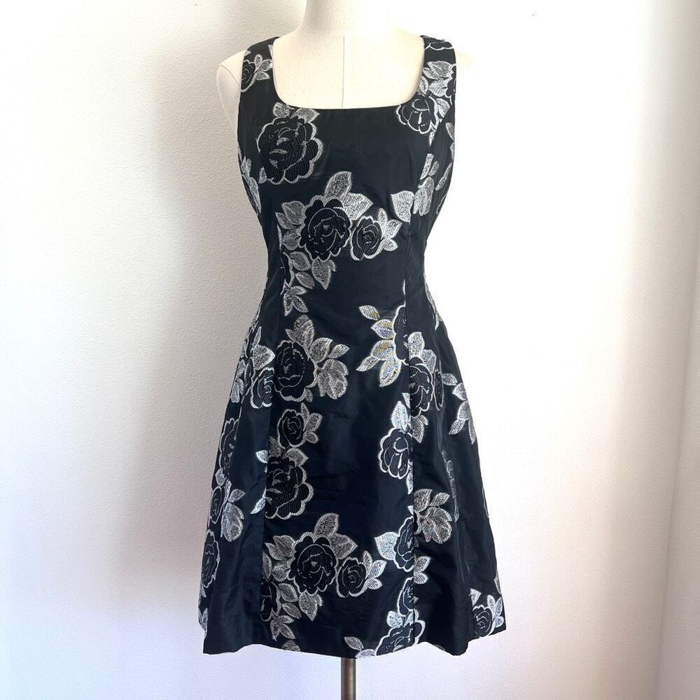 Prabal Gurung Black and Silver Jacquard Sleeveless Floral Cocktail Dress Size 6